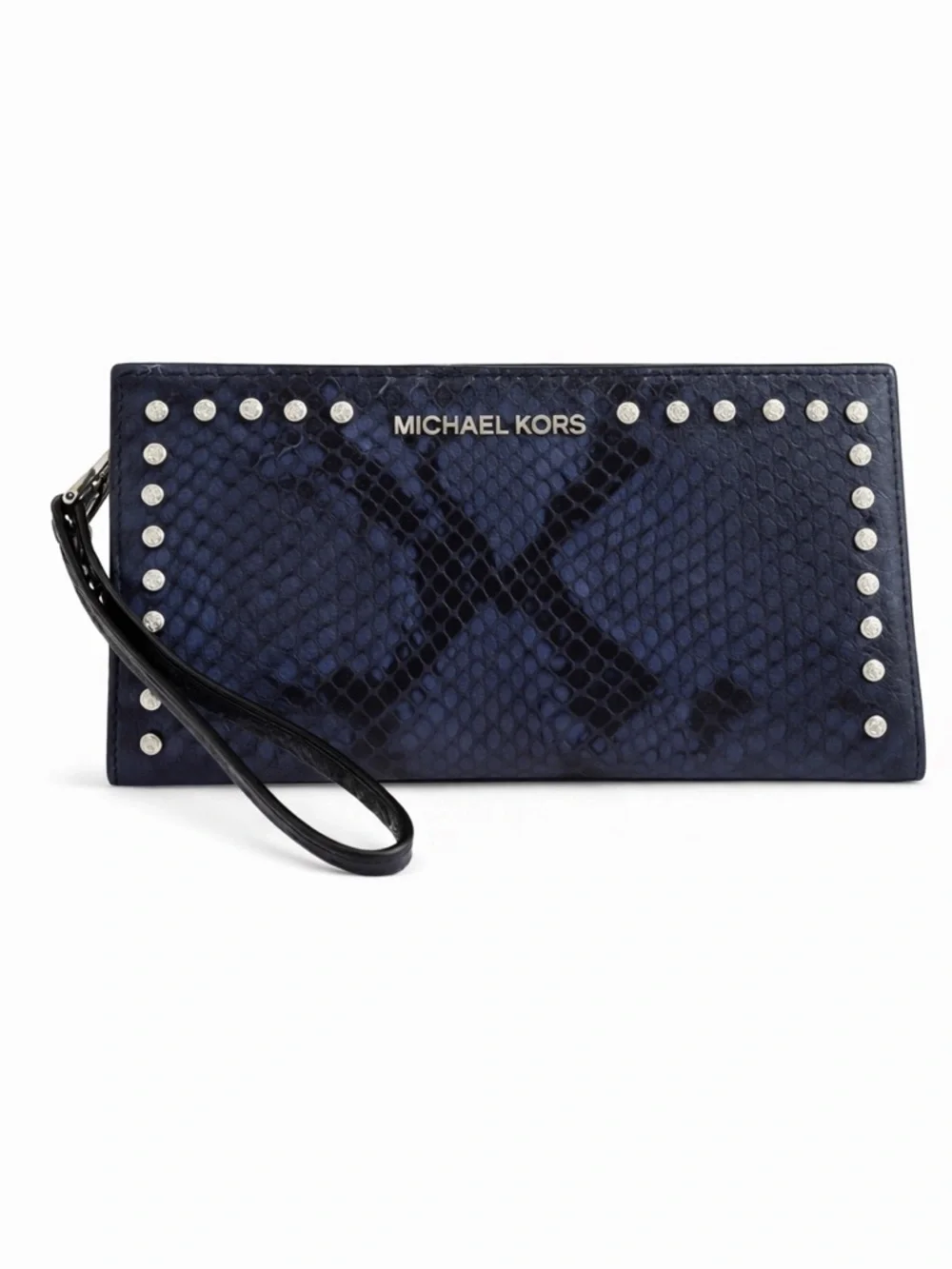 Michael Kors Blue Snakeskin Studded Leather Wristlet Clutch Wallet